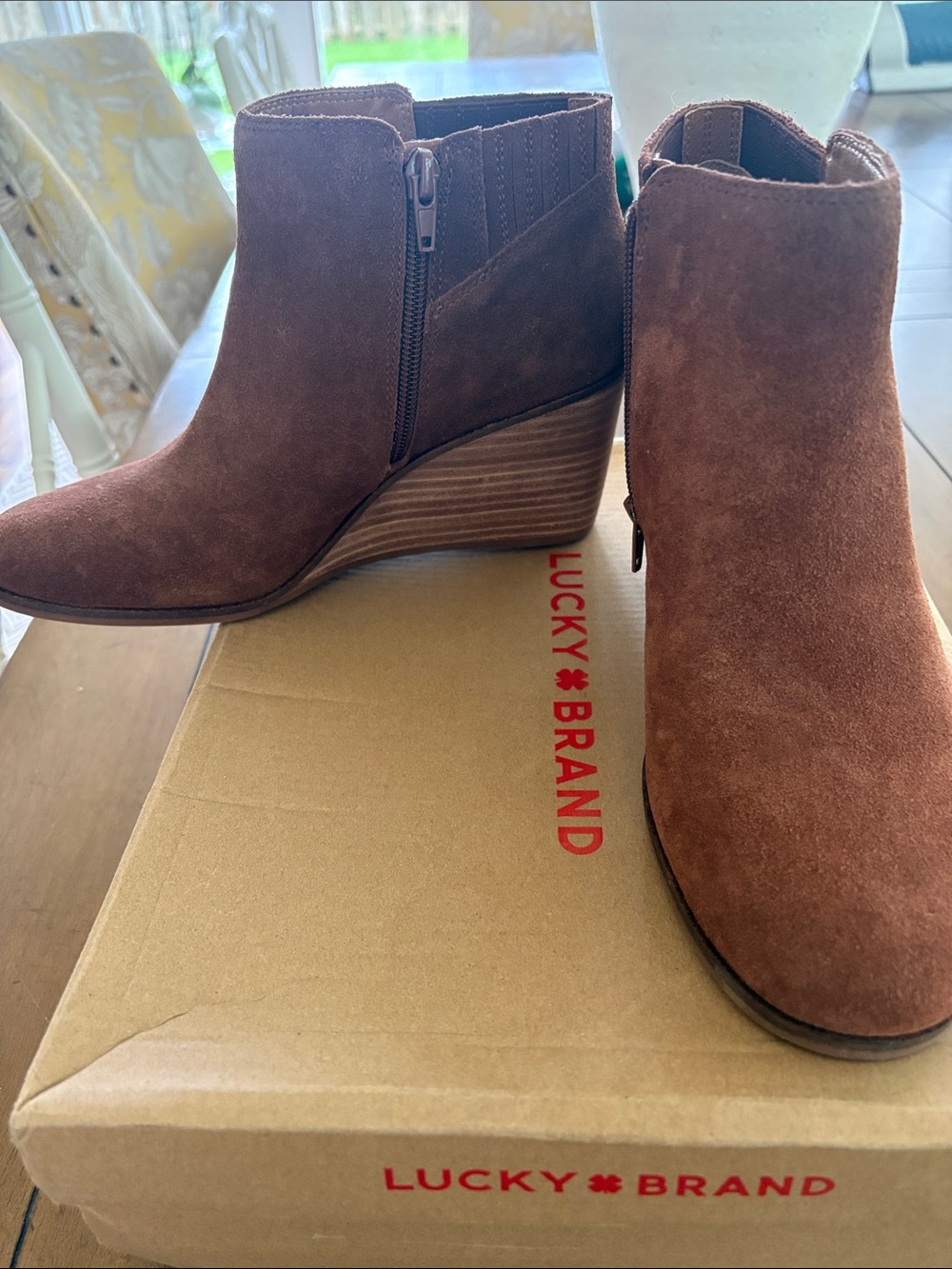 Lucky Brand Brown Suede Wedge Ankle Booties
